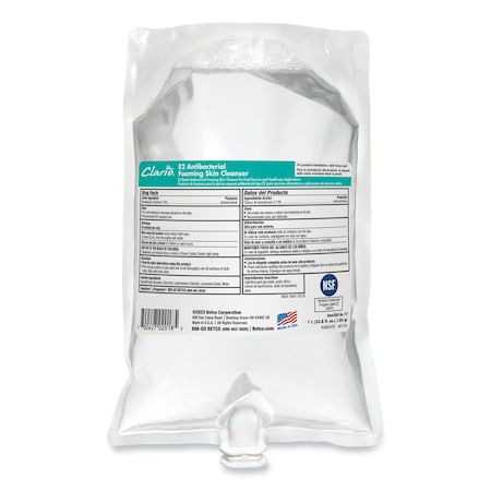 Betco E2 Antibacterial Foaming Skin Cleanser, Fragrance Free, 1,000 mL Refill Bag, 6PK 7172900